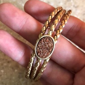 Gold Tone Leather Bracelet With Druzy Stone